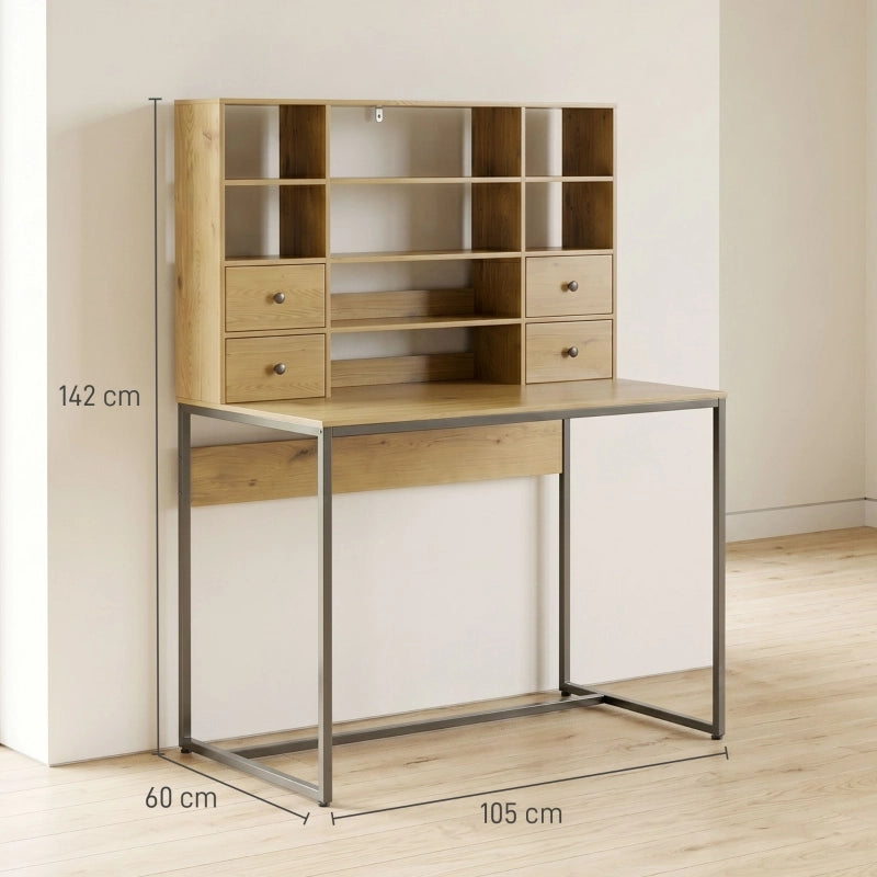 SCRIVANIA 105 cm con 4 cassetti e ripiani, legno naturale