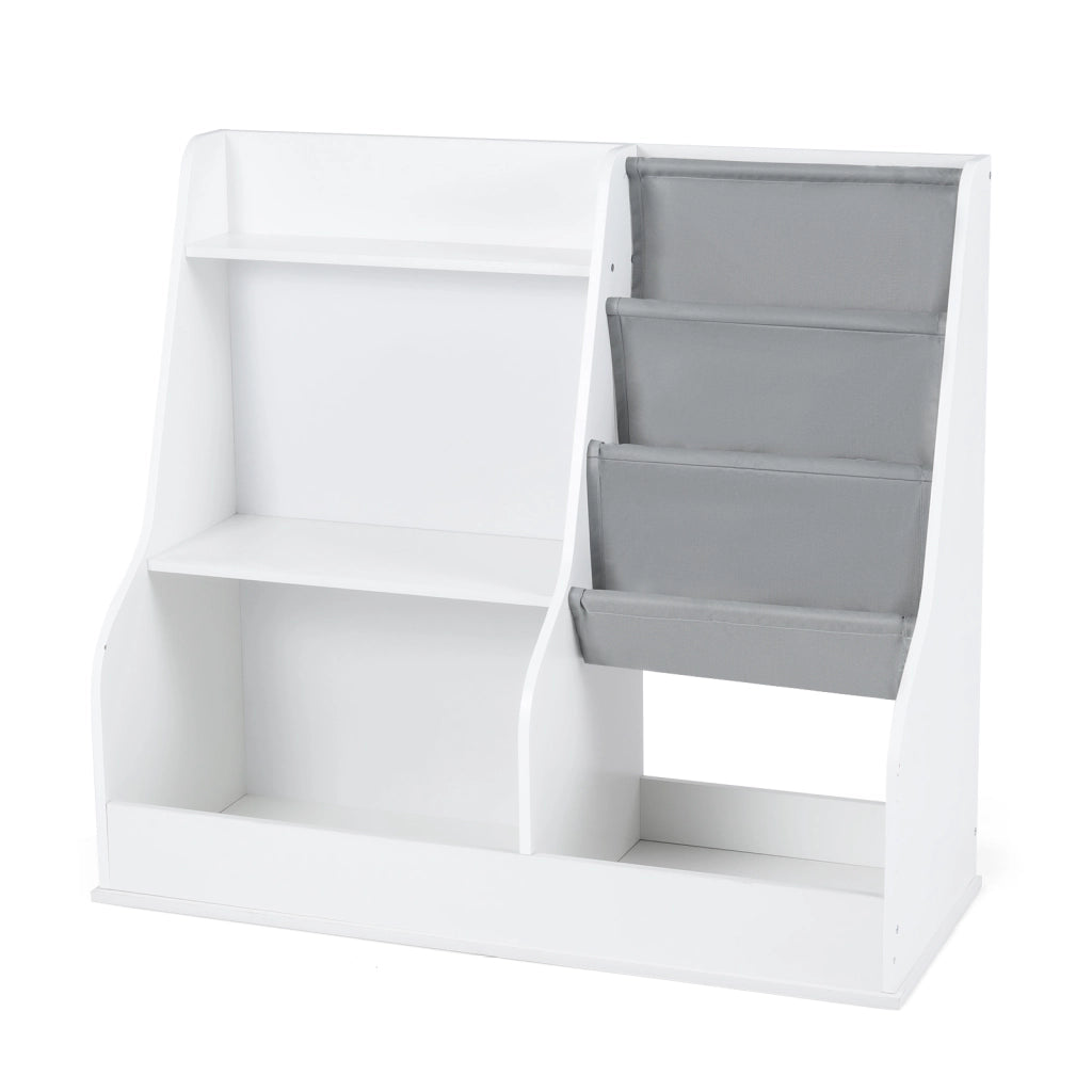 Libreria bambini organizzatore giocattoli legno 3 ripiani tasca tessuto-Libreria anti-ribaltamento sacca cubi stoccaggio sala giochi 80cm
