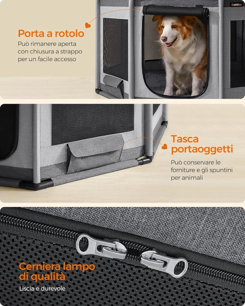 Feandrea Recinto per Cani di Tessuto Oxford, Recinto per Animali Ottagono, L, 112 x 112 x 62 cm, Telaio di Tubi in PVC, Rete Respirante, Tasca Portaoggetti, Grigio Scuro e Grigio Chiaro PDC003G01