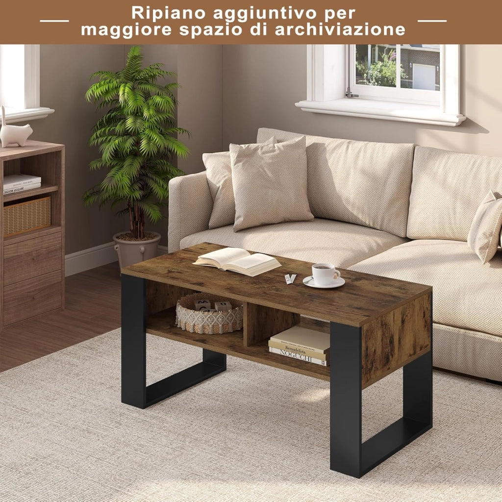 Tavolino da Salotto/Divano con 2 Scomparti Aperti, Tavolino Basso, Tavolo Laterale per Soggiorno, Camera da Letto, in Legno, Marrone Rustico + Nero, 90x45x45 cm, BTS16hov