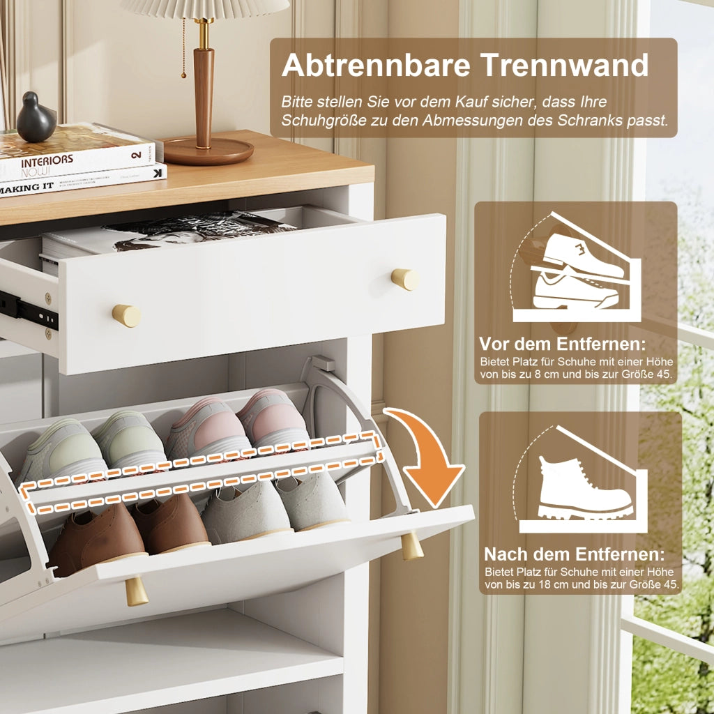 Scarpiera slim con 2 ante a ribalta, cassetto e ripiani regolabili, per ingresso, in MDF, bianco effetto legno, 50 × 25 × 95 cm