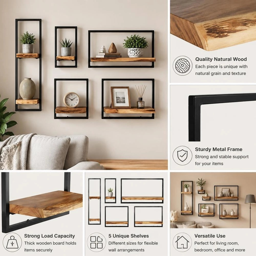 5-piece Wall Shelf Set, Solid Acacia Wood And Steel