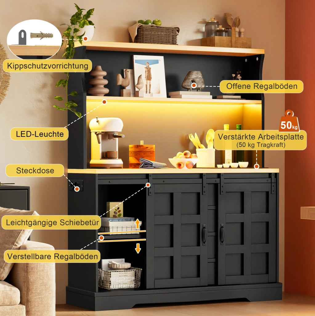 Credenza da cucina LED RGB con prese USB e 4 cassetti, nera