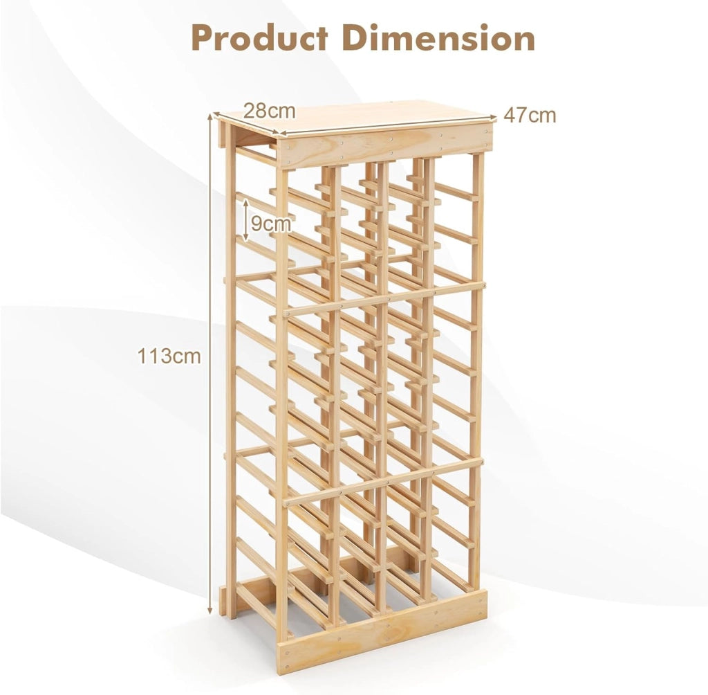 Portabottiglie per Vino in Legno, Scaffale da Terra a 10 Livelli per 40 Bottiglie, Catinetta in Legno di Pino con Struttura Stabile, Ideale per Cucina, Bar, 47 x 28 x 113 cm, Naturale