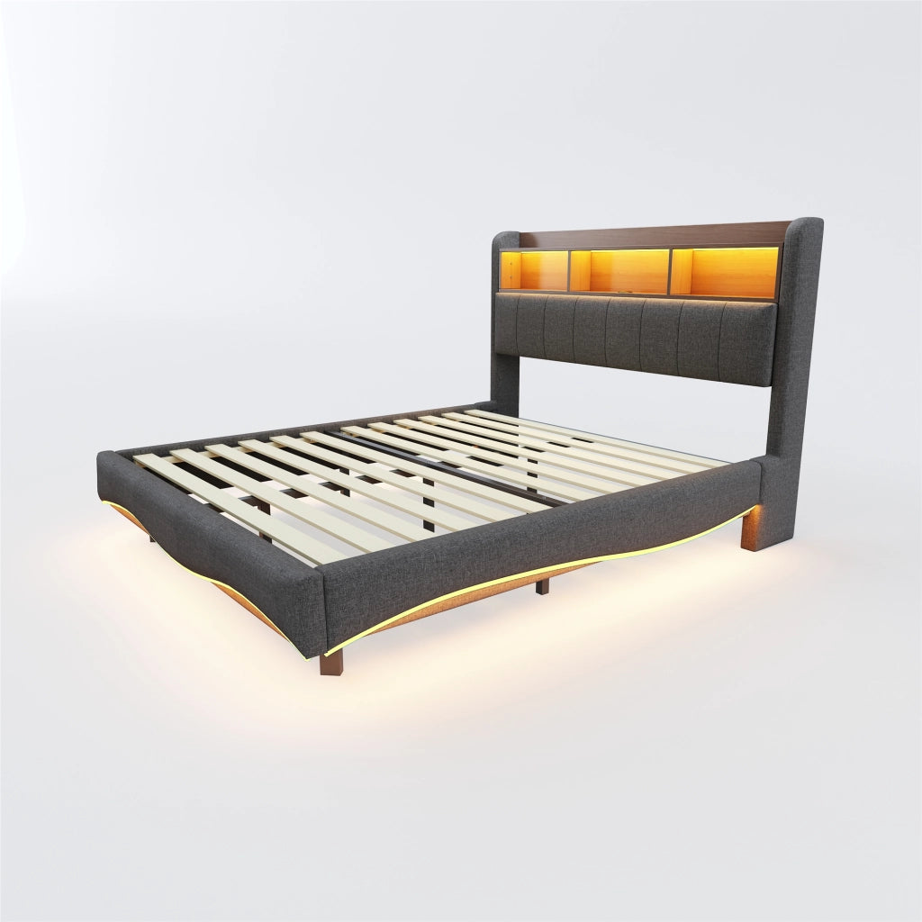 OKWISH Letto Imbottito 160×200 cm, Letto Matrimoniale con LED Regolabile, USB, Type C e Vano Testiera, senza Materasso, Grigio