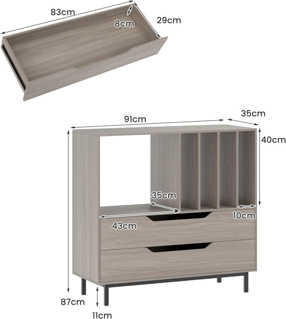Supporto per Giradischi con Scomparto Aperto e 2 Cassetti, Mobile Vinili con Gambe in Metallo, Espositore per Dischi per Camera da Letto, Soggiorno, Studio (Grigio)
