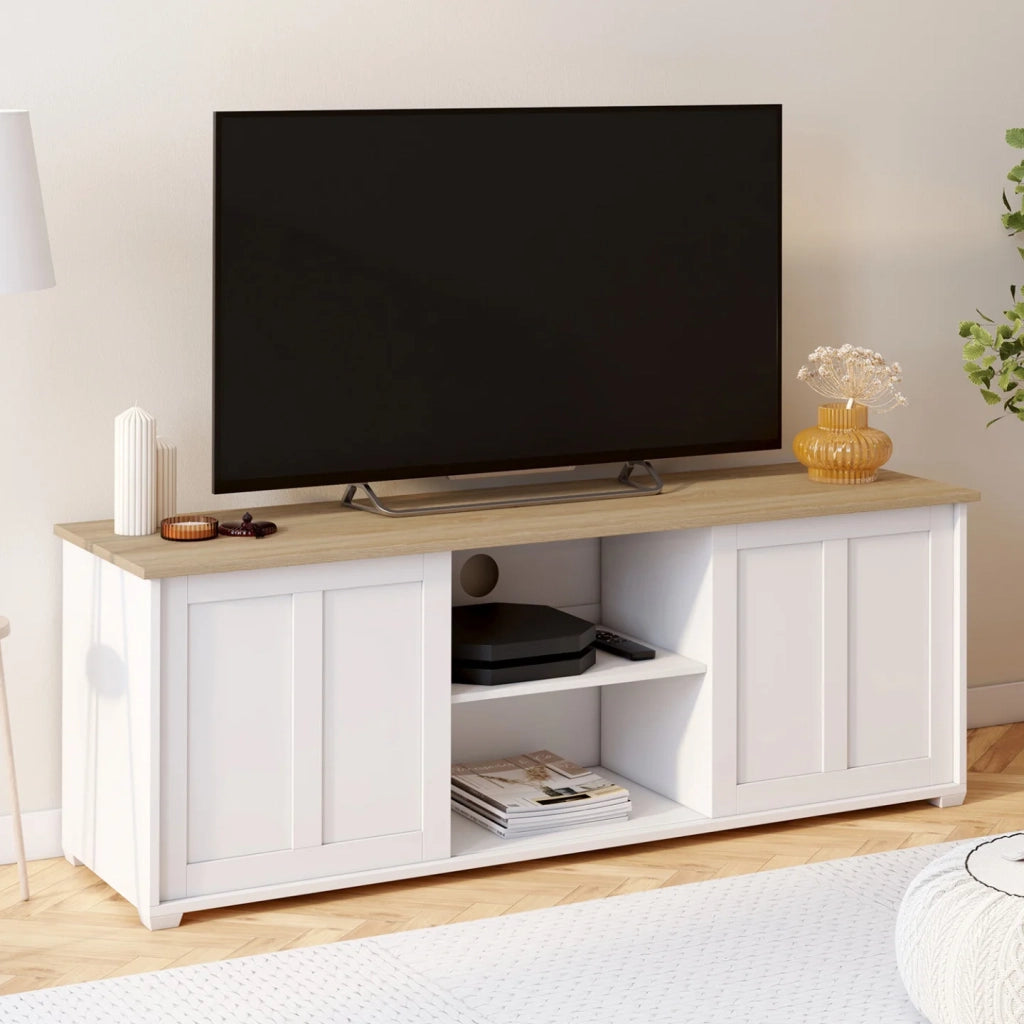 IDMarket - Mobile TV JANGO 140 cm con 2 ante scorrevoli bianche e piano in legno