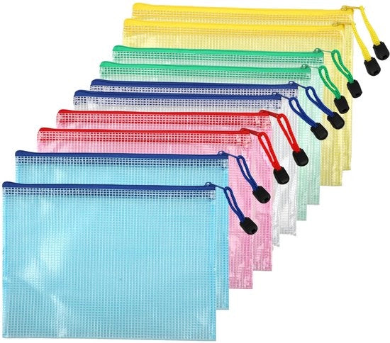 Documenti A5 in 10 pezzi - borse PVC - sacchetti impermeabili - per documenti, carta, cosmetici, compiti, viaggi (verde, giallo, bianco, rosso, blu)