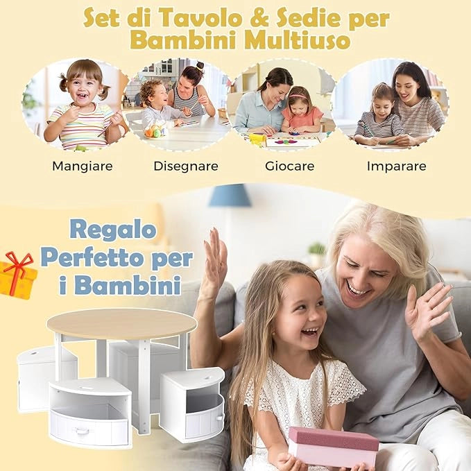 Set Tavolo e Sedie per Bambini a 5 Pezzi, Tavolino Rotondo Salvaspazio con 4 Sgabelli, Ripiano e 4 Cassetti in Tessuto, Set Mobili per Cameretta, Asilo e Disegnare (Naturale)