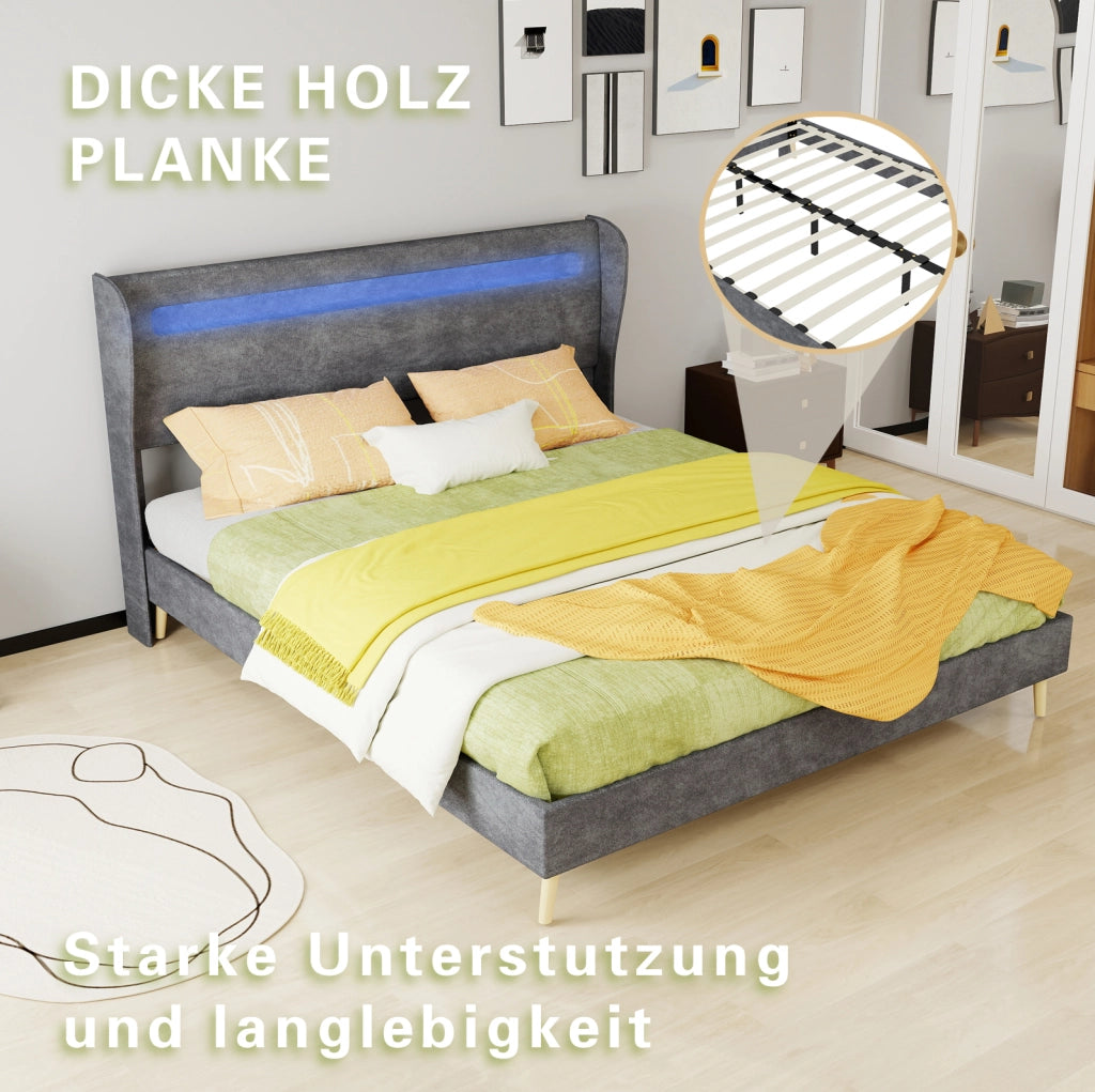 Letto imbottito 160x200 cm con testiera LED regolabile, grigio