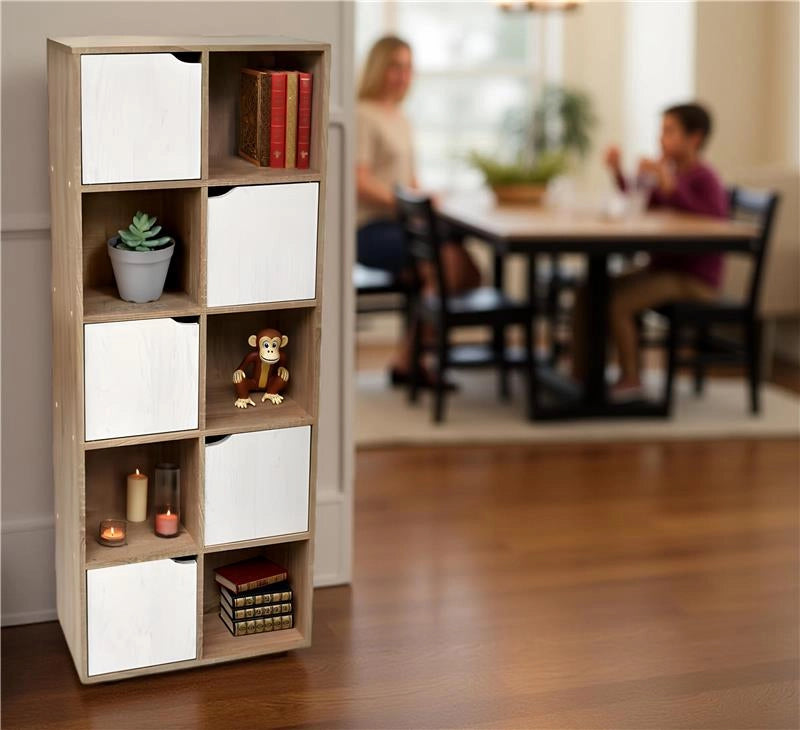 LIBRERIA CUBICA IN LEGNO COLORE LEGNO LEGGERO E BIANCO CON CASSETTI A FORMA DI CUBO APRIBILI 60X30X153H CM