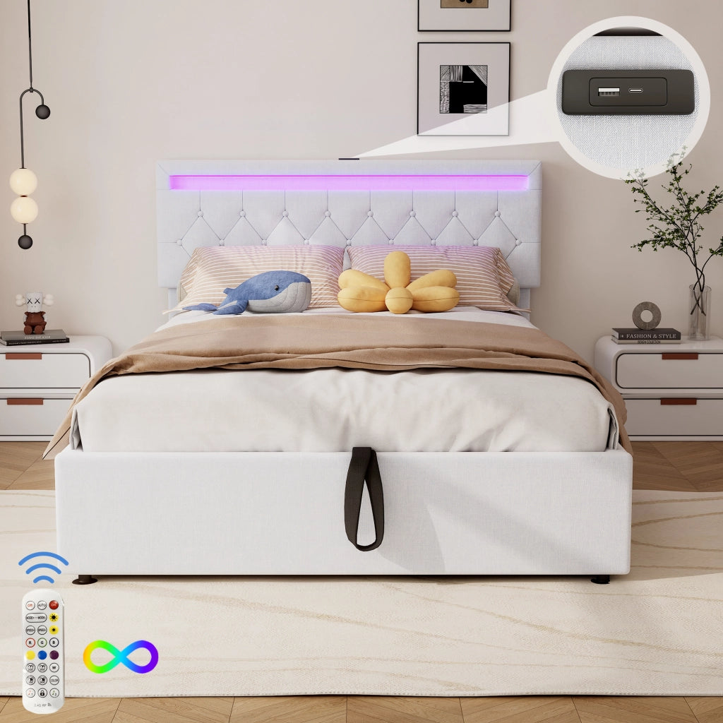 OKWISH Letto Contenitore 140×200 cm, Letto Matrimoniale con LED Regolabile, USB, Tipo C e Vano Contenitore, senza Materasso, Lino, Bianco