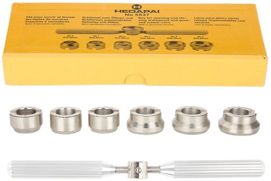 Kit di riparazione orologio - Apripittore orologio - 6 matrici - Chiave a mozzo - Attrezzatura di riparazione - Scatola di conservazione - Per coperchio cassa orologio - Kit di riparazione orologio
