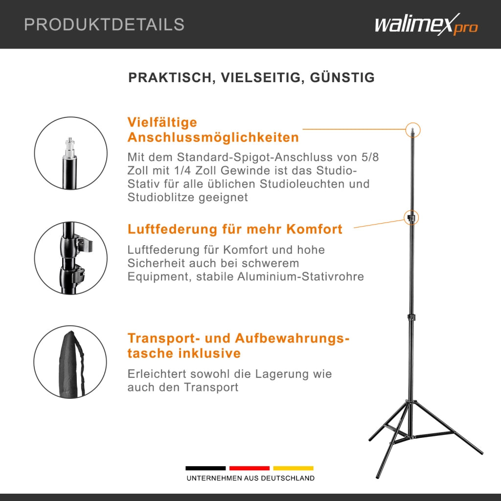 Stativo per luci AIR 280 FW-806, in alluminio, altezza max 280 cm, Cavalletto fotografico max 6 kg per faretti flash foto e video