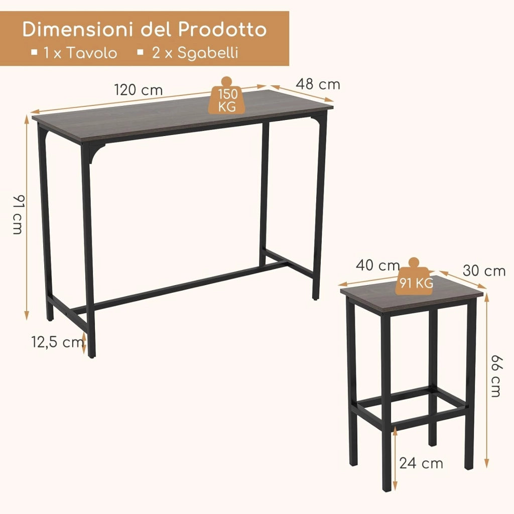 Tavolo con 2 Sgabelli in Metallo e Legno, Set da Pranzo 3 Pezzi, Tavolo Rettangolare da Cucina con 2 Sedie per Sala da Pranzo, Appartamento e Bistro, Stile Retrò (Grigio)