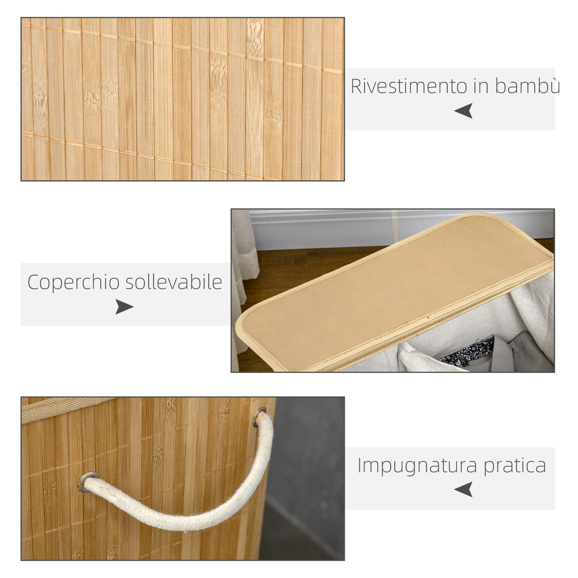 Cesto Portabiancheria da 90L Pieghevole con 2 Scomparti 54,2x35,2x59,5 cm in Bambù