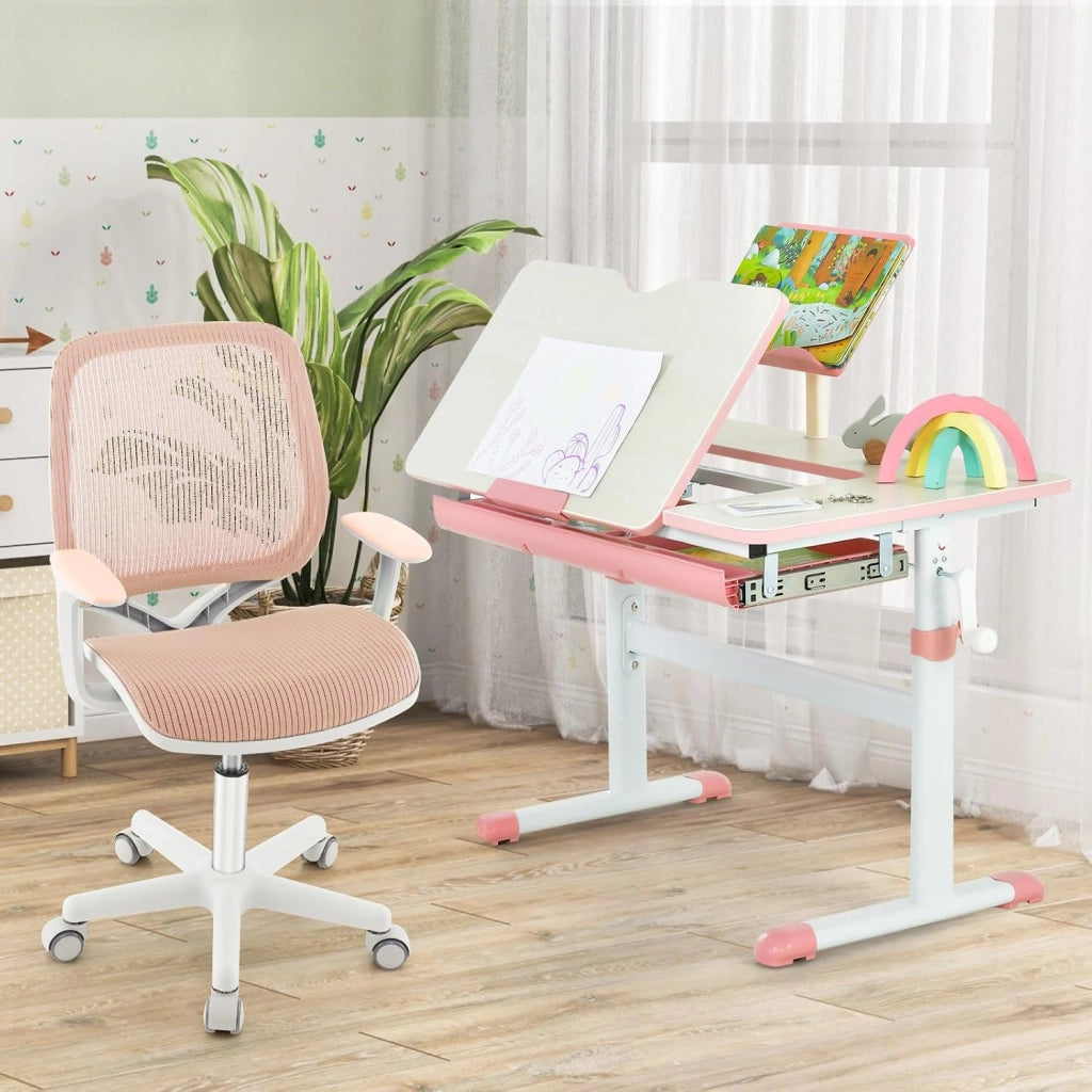 Sedia da Scrivania Girevole per Bambini (Rosa, Rullo di Pressione) | con Altezza Regolabile, 5 Ruote, Braccioli Morbidi, Mobile Ergonomica per Bambini 6-15 Anni