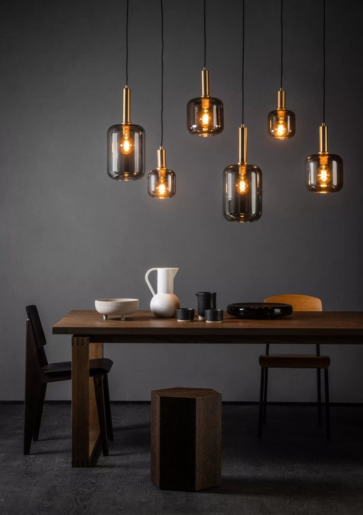 Lampadario moderno ottone vetro fumé 6xE27 Joanet Lucide