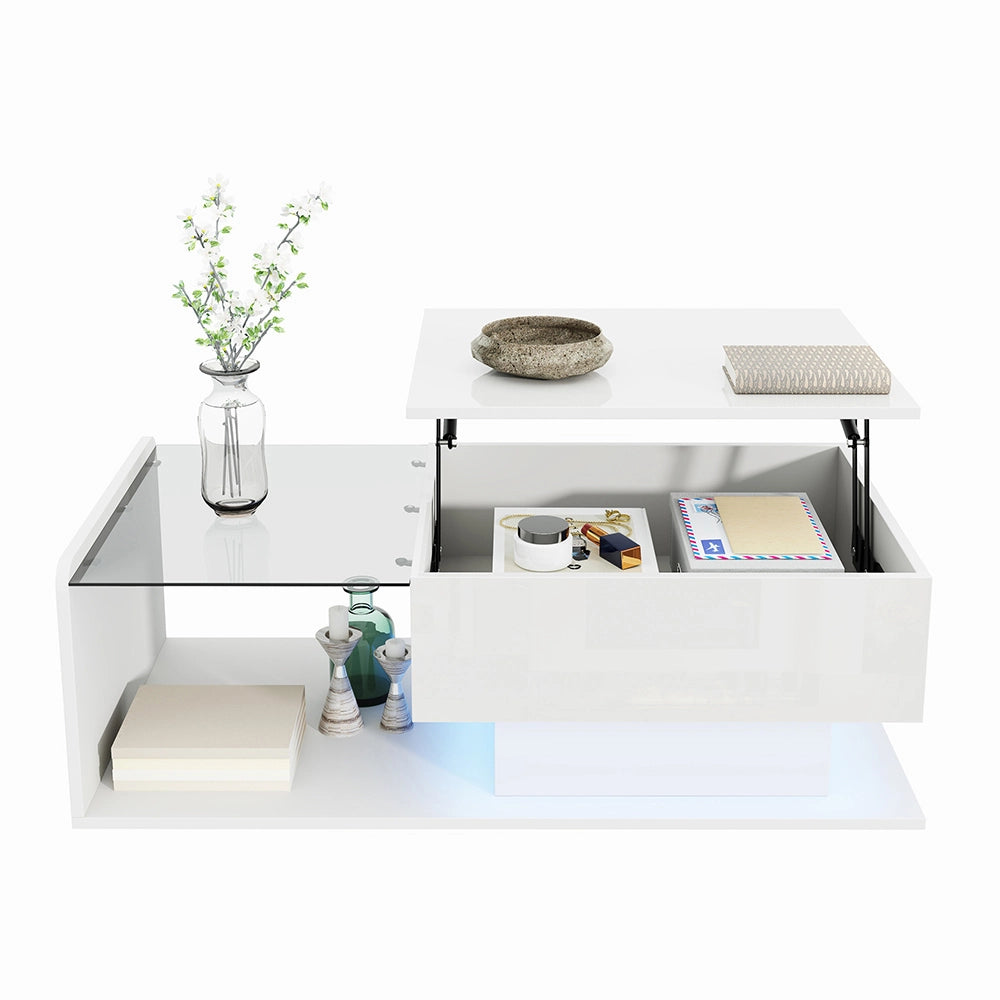Tavolino-Xylo-Bianco vetro effetto LED piano in vetro