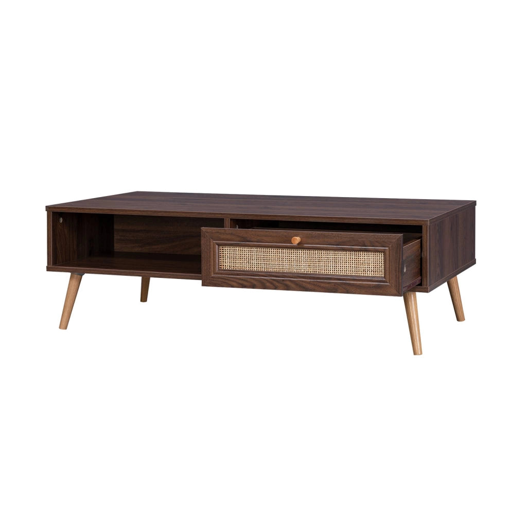 Tavolino scandinavo in vimini, 1 cassetto, marrone scuro