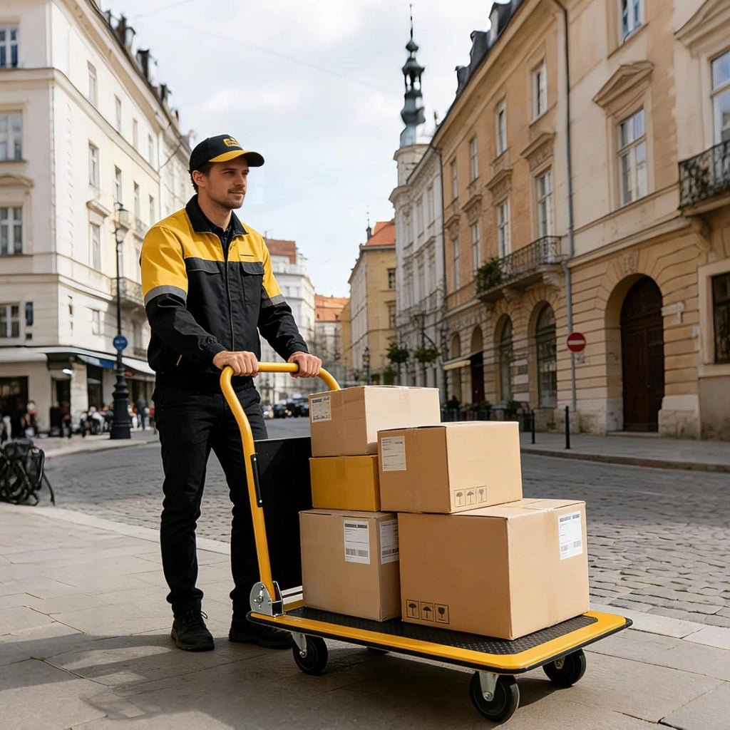 Carrello Pieghevole con Ruote, Carrello a Piattaforma da Transporto, Capacità 150 KG, con Piattaforma Antiscivolo, per Trasporto, Movimentazione, Demenagement, 73 X 48 X 83 CM (Nero+Giallo)