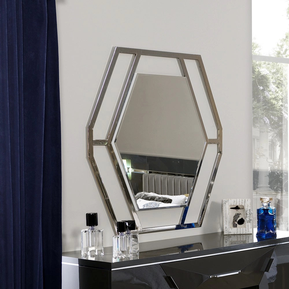 Specchiera esagonale Enzio in metallo cromato – Design moderno ed elegante per soggiorno e zona Living