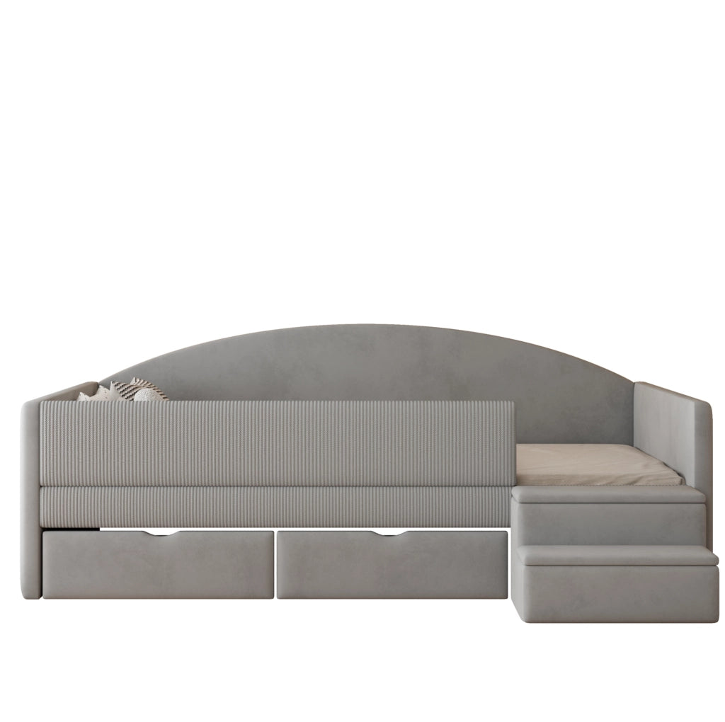 Letto per bambini 90x190 cm con 2 cassetti e gradini in velluto grigio chiaro