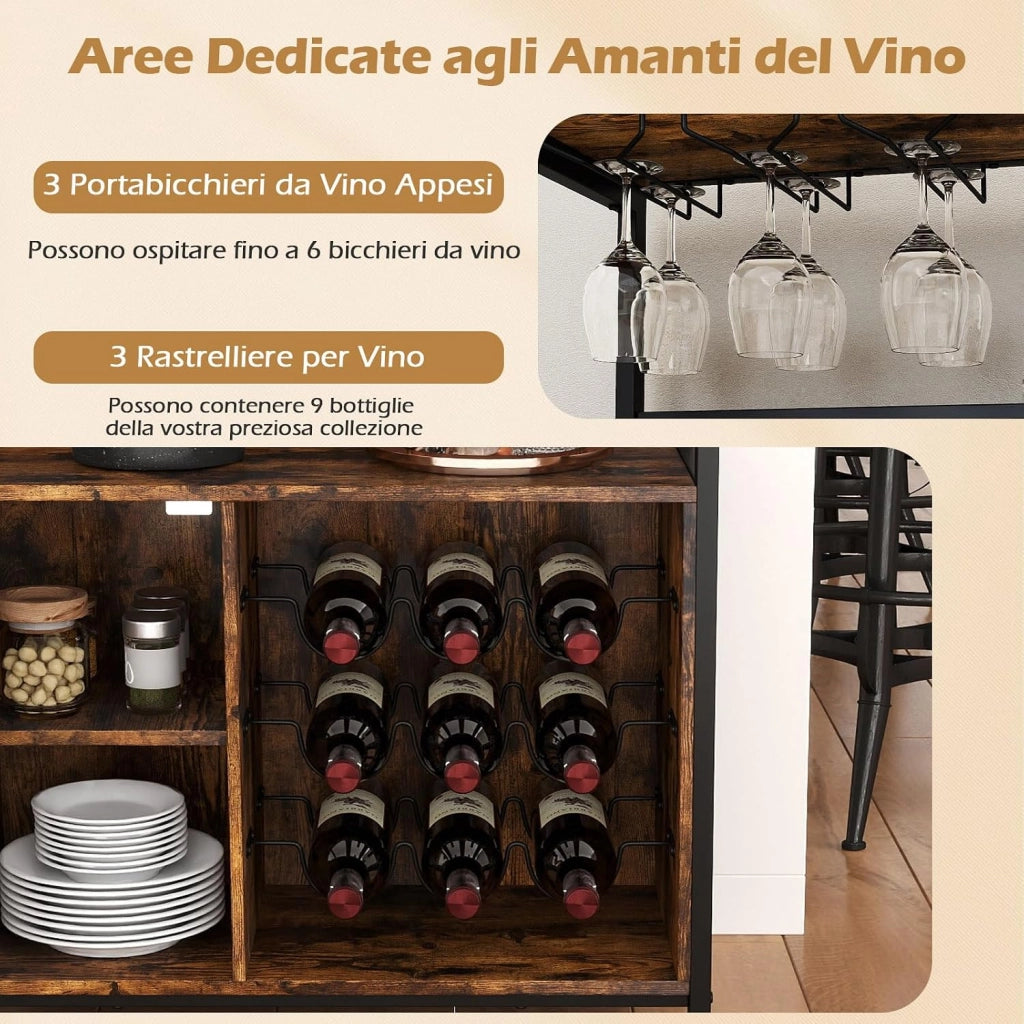 Cantinetta Porta Bottiglie di Vino, Armadietto per Vino con Portabicchieri, Scaffale Aperto e Ripiano Rimovibile, Credenza in Legno Industriale per Cucina e Sala da Pranzo, 75 x 34 x 90,5 cm