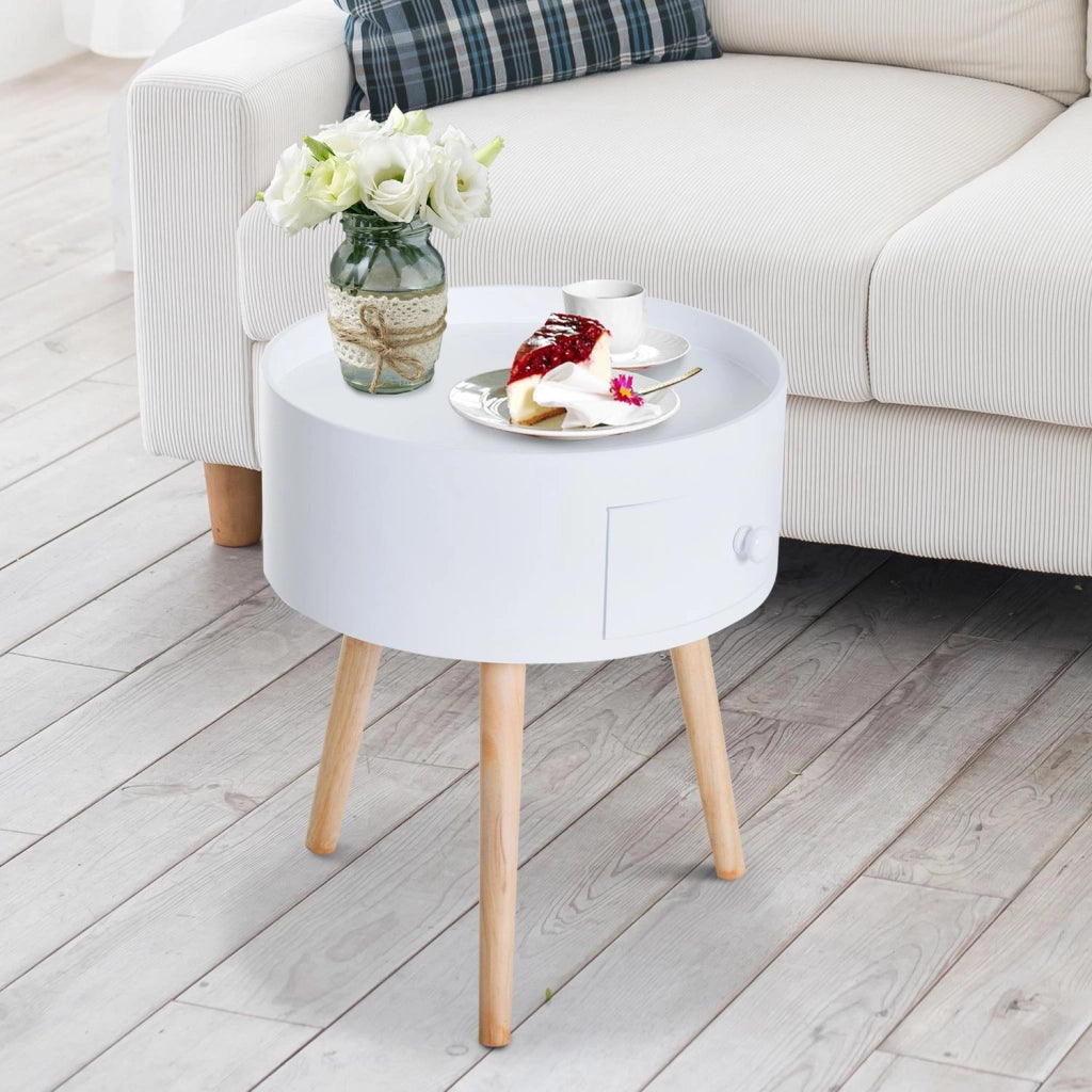 Tavolino da Salotto Moderno con Cassetto in Legno Bianco Ø38x45 cm