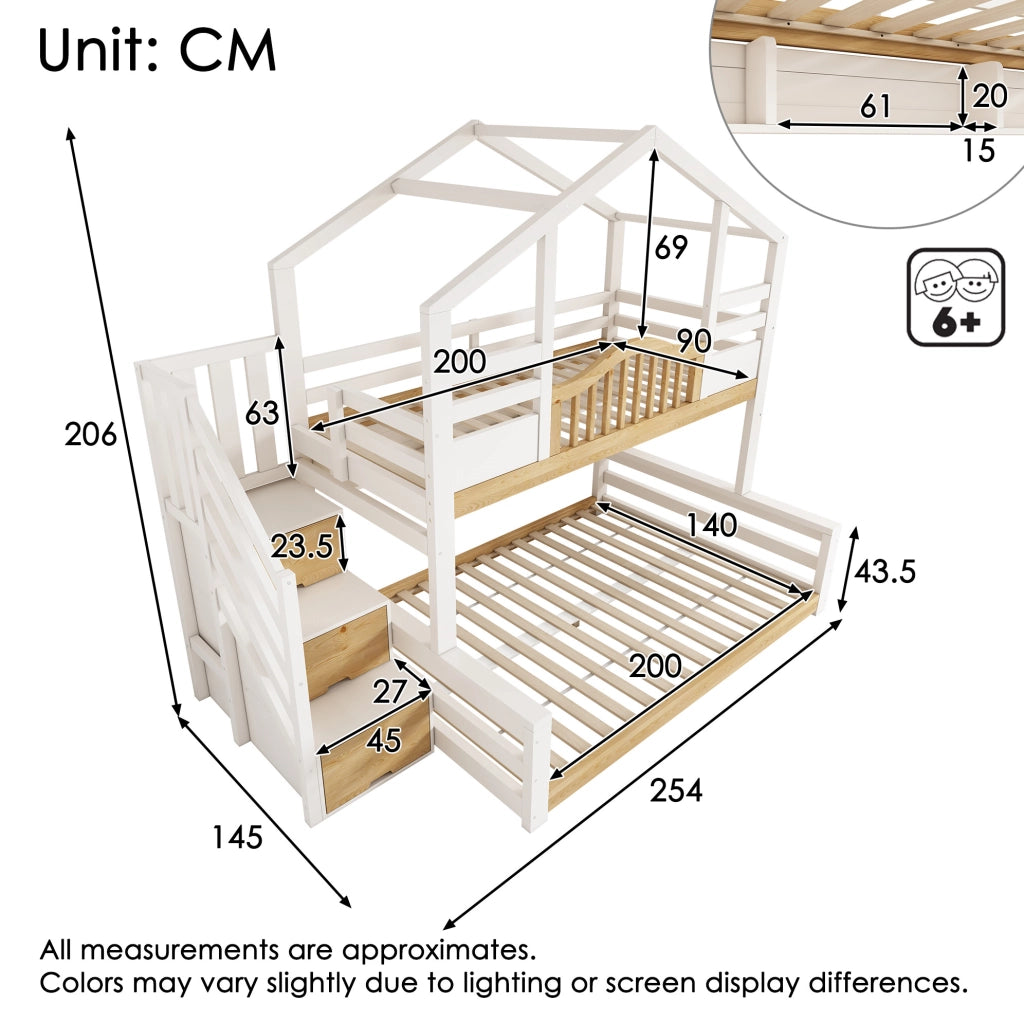 Letto a castello a casetta con scaletta contenitore 90/140x200 cm; bianco e legno