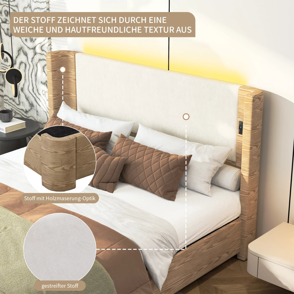 Letto contenitore matrimoniale 180 × 200 cm con LED a 7 colori, materasso non incluso, in velluto beige