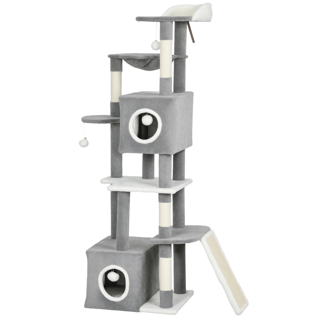 Albero Tiragraffi per Gatti con Casette e Palline ¨C zephmum ¨C Grigio e Bianco 48x40x165 cm