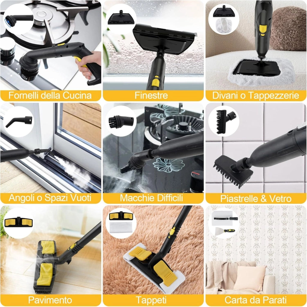 2000W Pulitore a Vapore, Vaporizzatore Portatile con Serbatoio 1,8L, er Uso Domestico con Accessori, Macchina per Pulizia su Pavimenti Finestre Tappeti (Giallo)