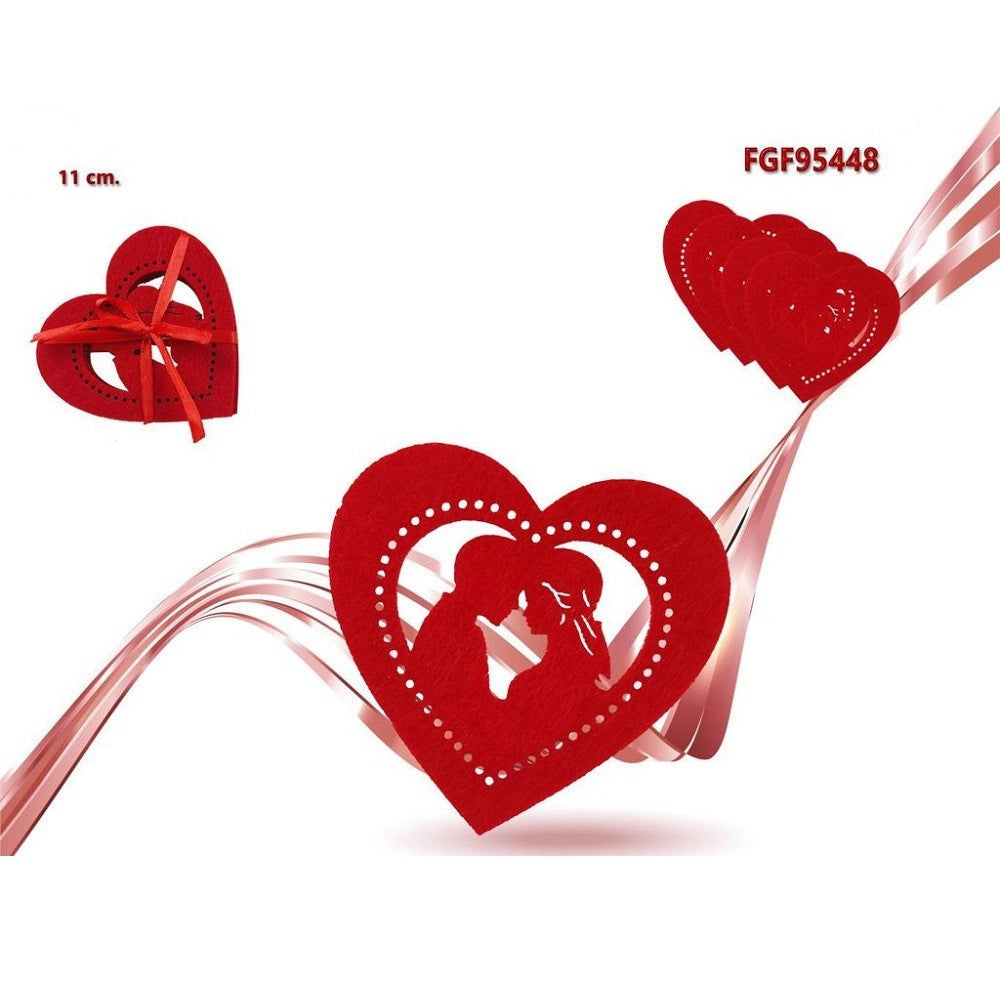 Trade Shop - Set 4pz Sottobicchieri 11cm San Valentino Forma Cuore Tessuto Rosso Feltro 95448 -