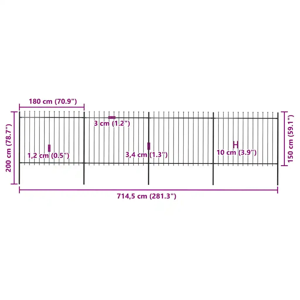 Recinzione da Giardino | Recinzione da cortile con Punta a Lancia in Acciaio 714,5x150 cm Nero