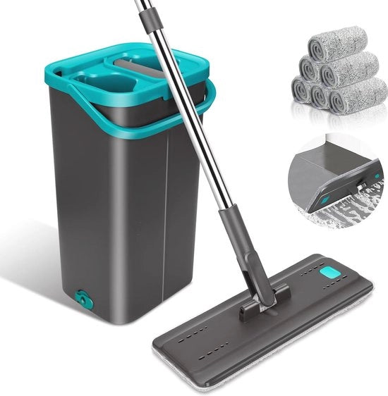 Set di spazzolatura con secchio e funzione 2-in-1 - Incl. 6 spazzole microfibra e manico di acciaio inox regolabile