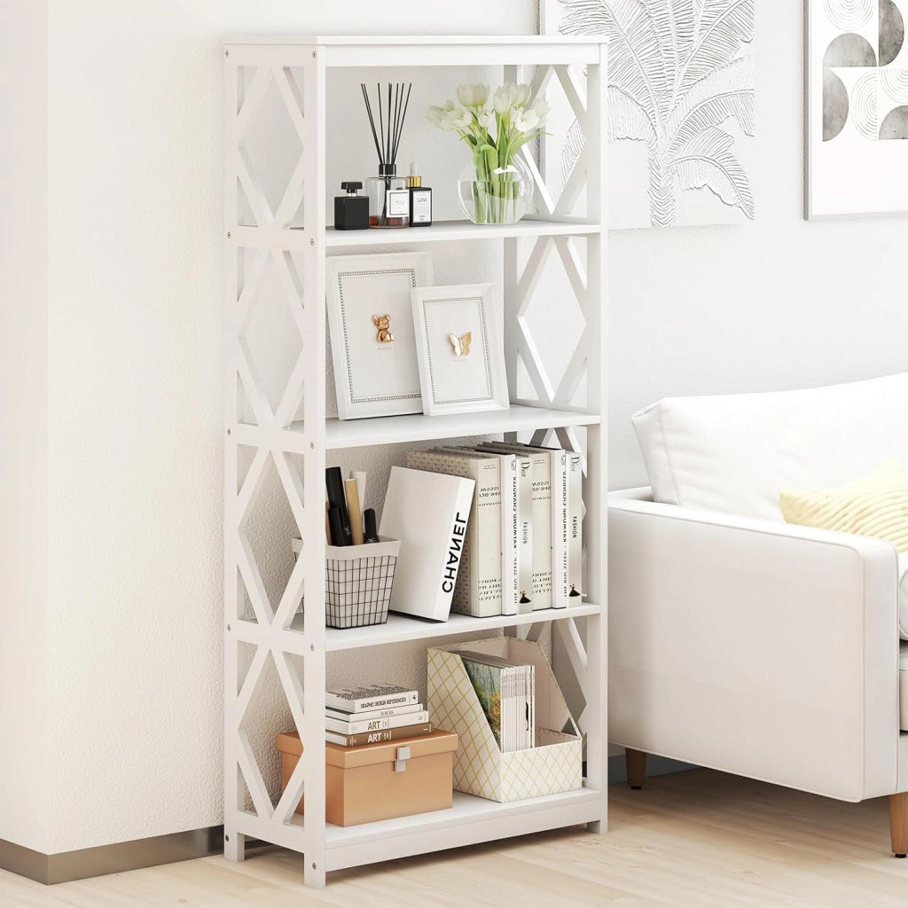 Libreria 5 Ripiani, Scaffale in Legno con Struttura Romboidale, Scaffale Espositivo Aperto Autoportante per Ufficio, Soggiorno e Camera da Letto, 70×30×155 cm