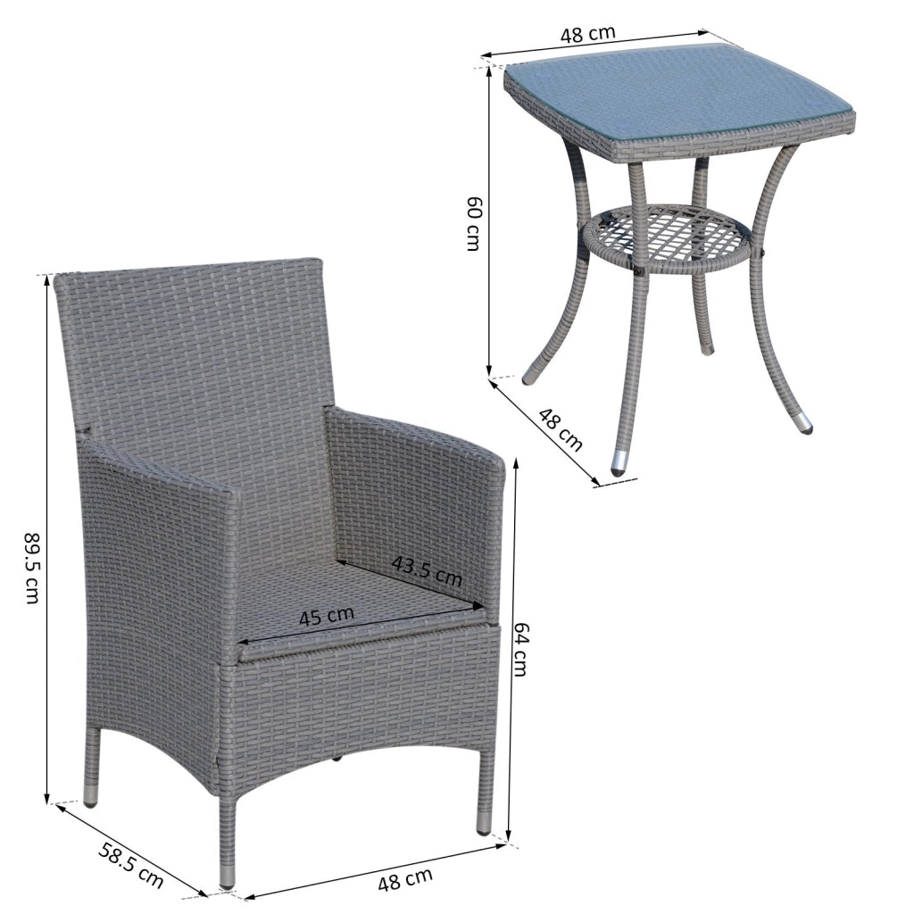 EasyComfort Set Giardino Esterno 3 Pezzi in Rattan PE e Acciaio, Set 2 Sedie con Cuscini Lavabili, Braccioli, Tavolino da Caffè con Piano in Vetro, Salotto da Giardino Balcone Patio Cortile, Grigio