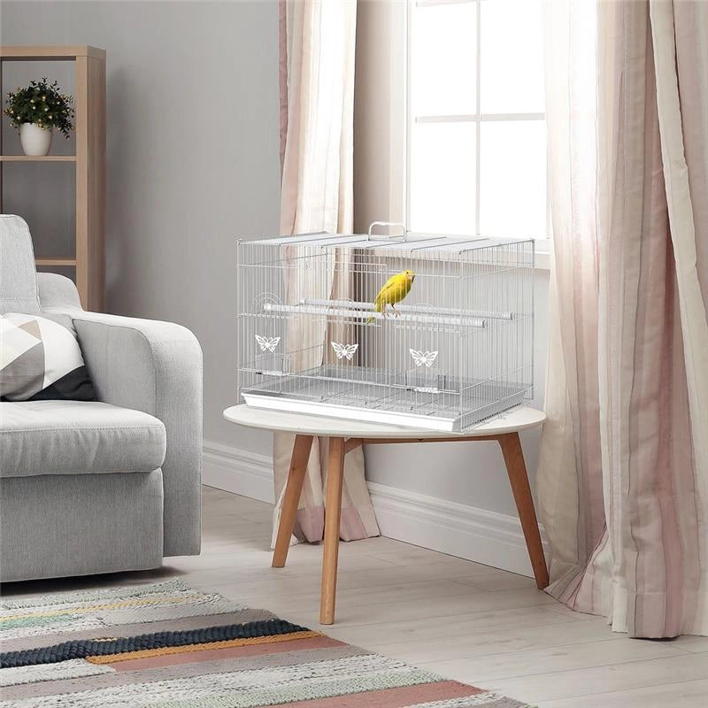 GABBIA PER UCCELLI IN METALLO CON POSATOI, CIOTOLE PER CIBO E MANIGLIA, 60X41X41CM - BIANCO