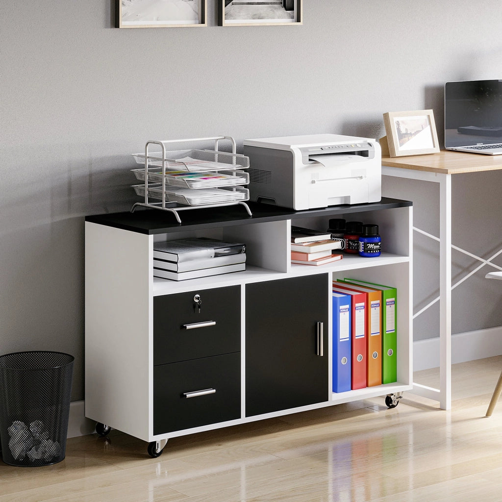 Mobile Porta Stampante con Cassetti 100x35x65 cm in Legno Truciolare Nero e Bianco