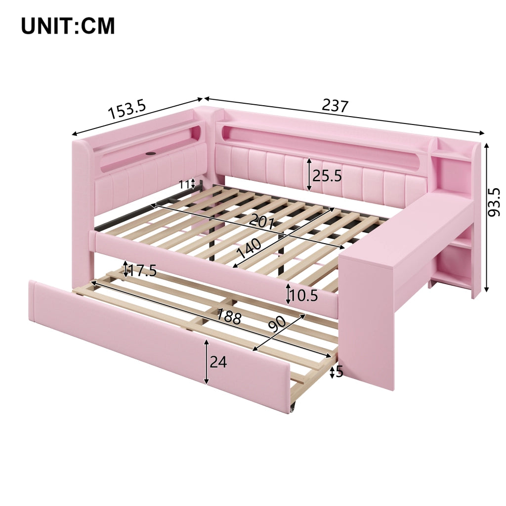 OKWISH Letto Divano Letto 3 Posti con USB, LED Regolabile, Scrivania e Letto Estraibile 140×200 cm e 90×190 cm, senza Materasso