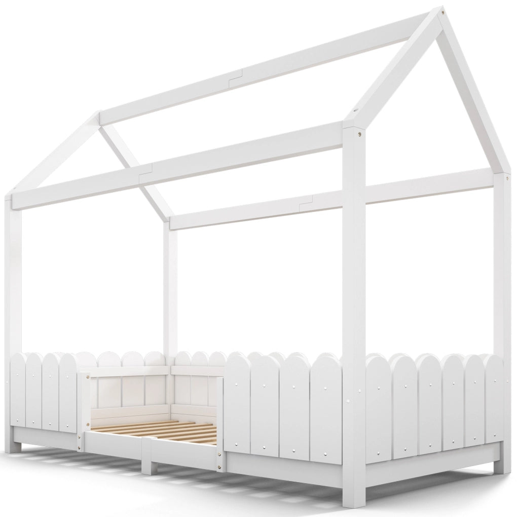 Letto a casetta per bambini 90x200 cm con protezione anticaduta e rete a doghe; legno e MDF bianco