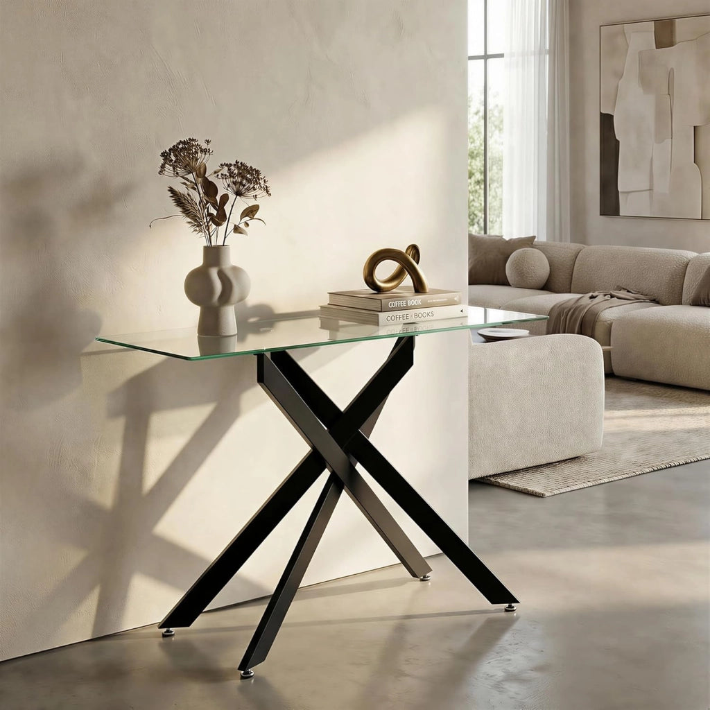 Tavolo Consolle in Vetro Temperato 115 x 45 x 78 cm, Consolle Ingresso Telaio Robusto con Gambe in Metallo Incrociate e Piedini Regolabili, Salvaspazio, per Soggiorno e Corridoio