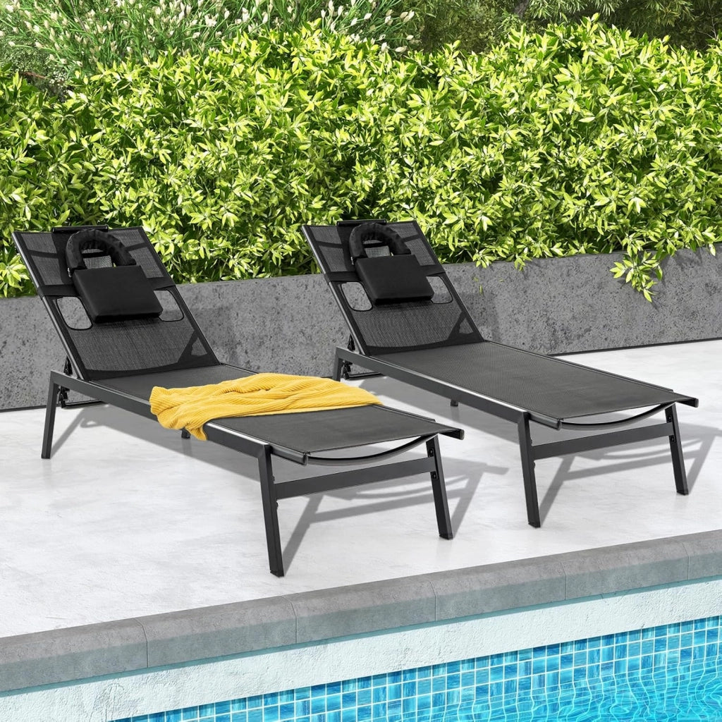 Lettino Abbronzante con Apertura per Viso e Fori Laterali, Sedia a Sdraio Regolabile in 5 Posizioni con Cuscino Rimovibile, Ideale per Giardino e Piscina, Lettino Estivo in Metallo