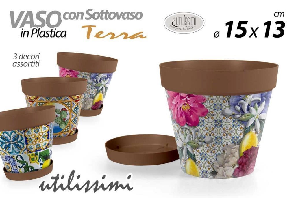 Vaso da Giardino con Sottovaso in Plastica Decoro Terra 15 x 13 cm 3 Decori