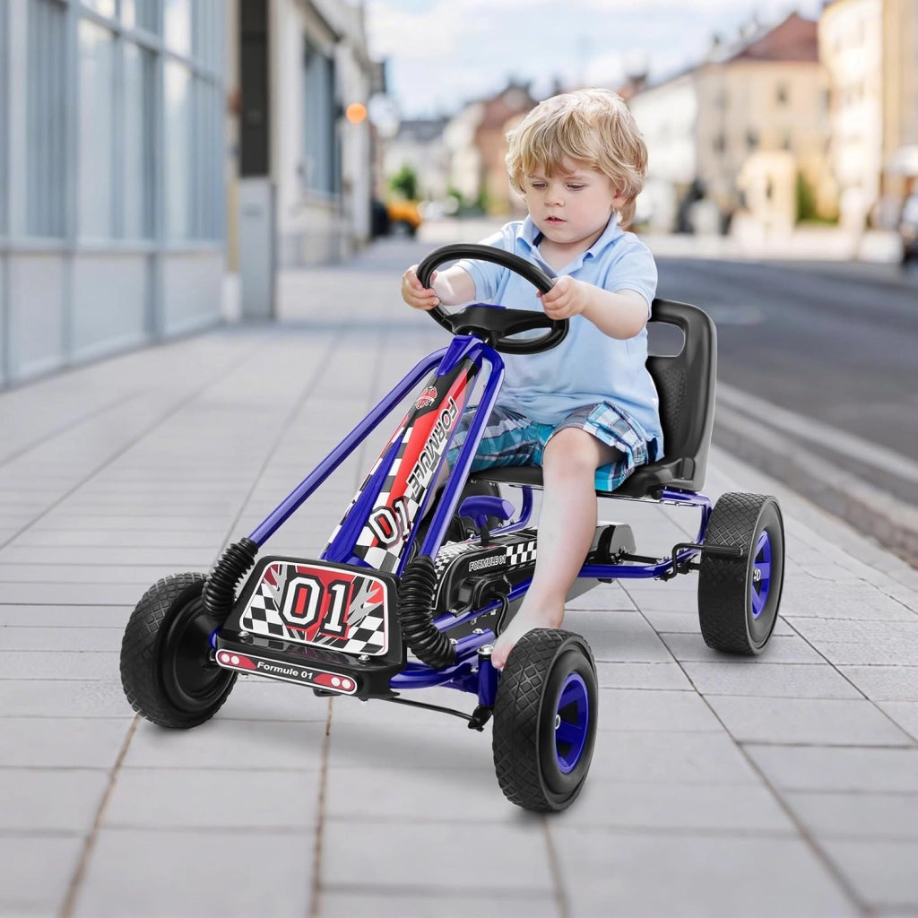 Go Kart a Pedali per Bambini, Macchina per Bambini con Sedili Regolabili in 2 Posizioni e 4 Ruote Antisdrucciolo, Carico 30 kg, per 3 Anni + (Blu, 101 X 61 X 62 CM)