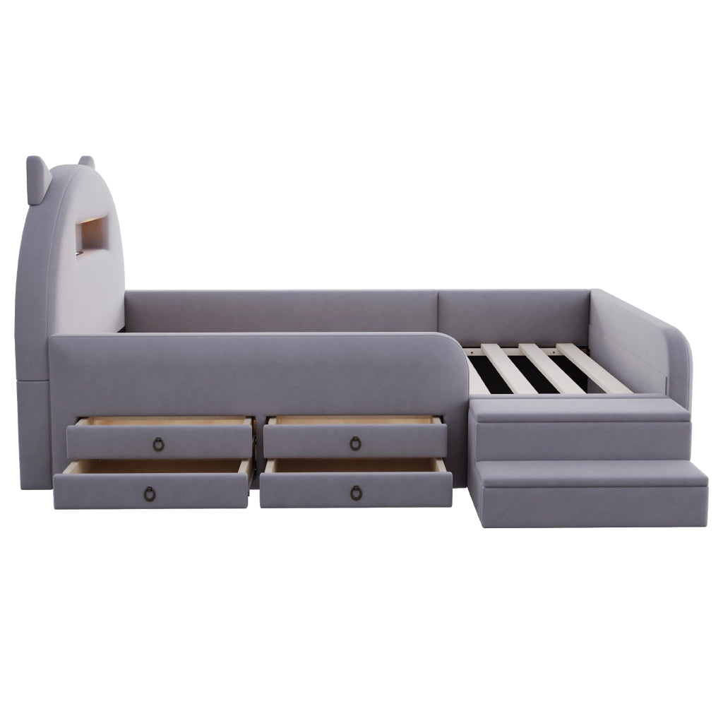 DESMIU Letto per bambini 90 × 200 cm 1 posto con 4 cassetti, USB, luce notturna e pedana removibile, senza materasso