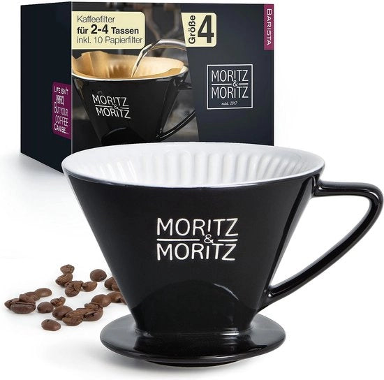 Filtro per caffè in porcellana, dimensione 4, compreso 10x filtri in carta - Filtro per caffè riciclabile - per un ottimo aroma e sapore di caffè - Olandese per 2-4 tazze - Resistente all'acqua bollente - Nero