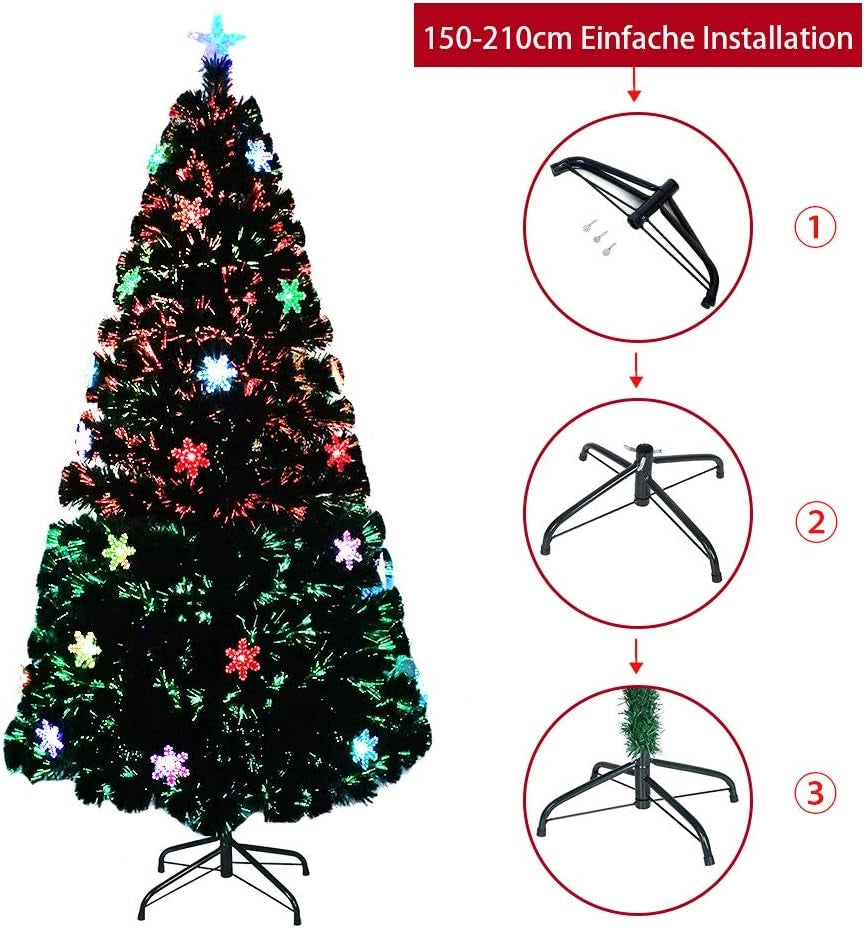 Albero di Natale artificiale 210 cm, albero di Natale artificiale con fiocco di neve e punta a stella, albero di Natale in fibra di vetro colorato, cambio colore automatico