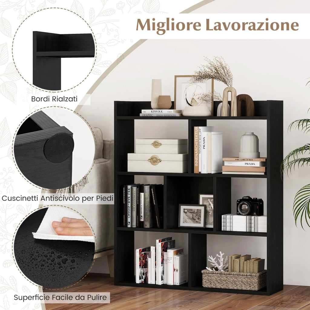 Libreria a Cubi con 7 Scomparti, Mensola Espositiva per l'Archiviazione, Libreria in Legno con Dispositivi Anti-Ribaltamento, per Studio Soggiorno, 80x20x90 cm (Nero)